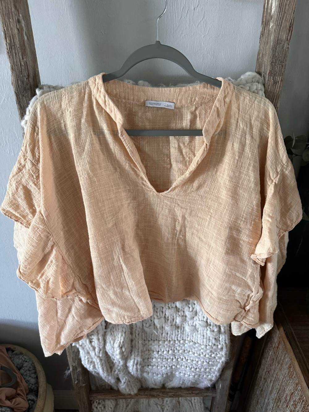 Zara Light Peach Gauze V-Neck Blouse